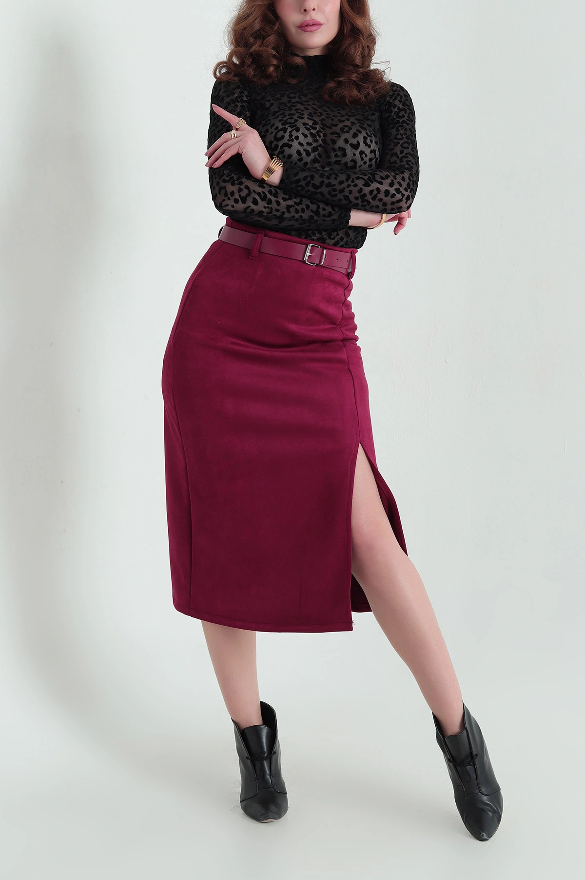 Bordo Yırtmaçlı Fermuarlı Süet Etek 332944