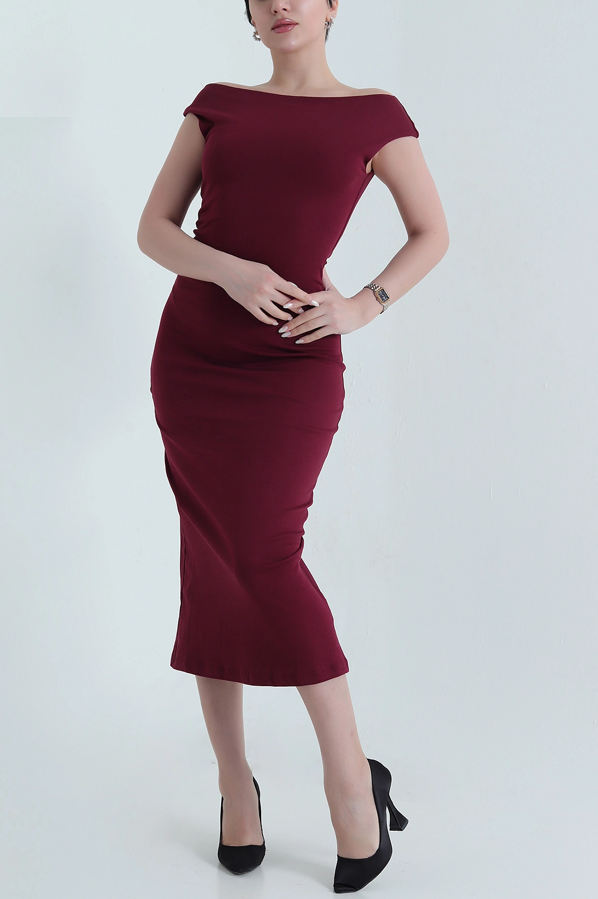 Bordo Yırtmaçlı Kolsuz Kadın Elbise 448239