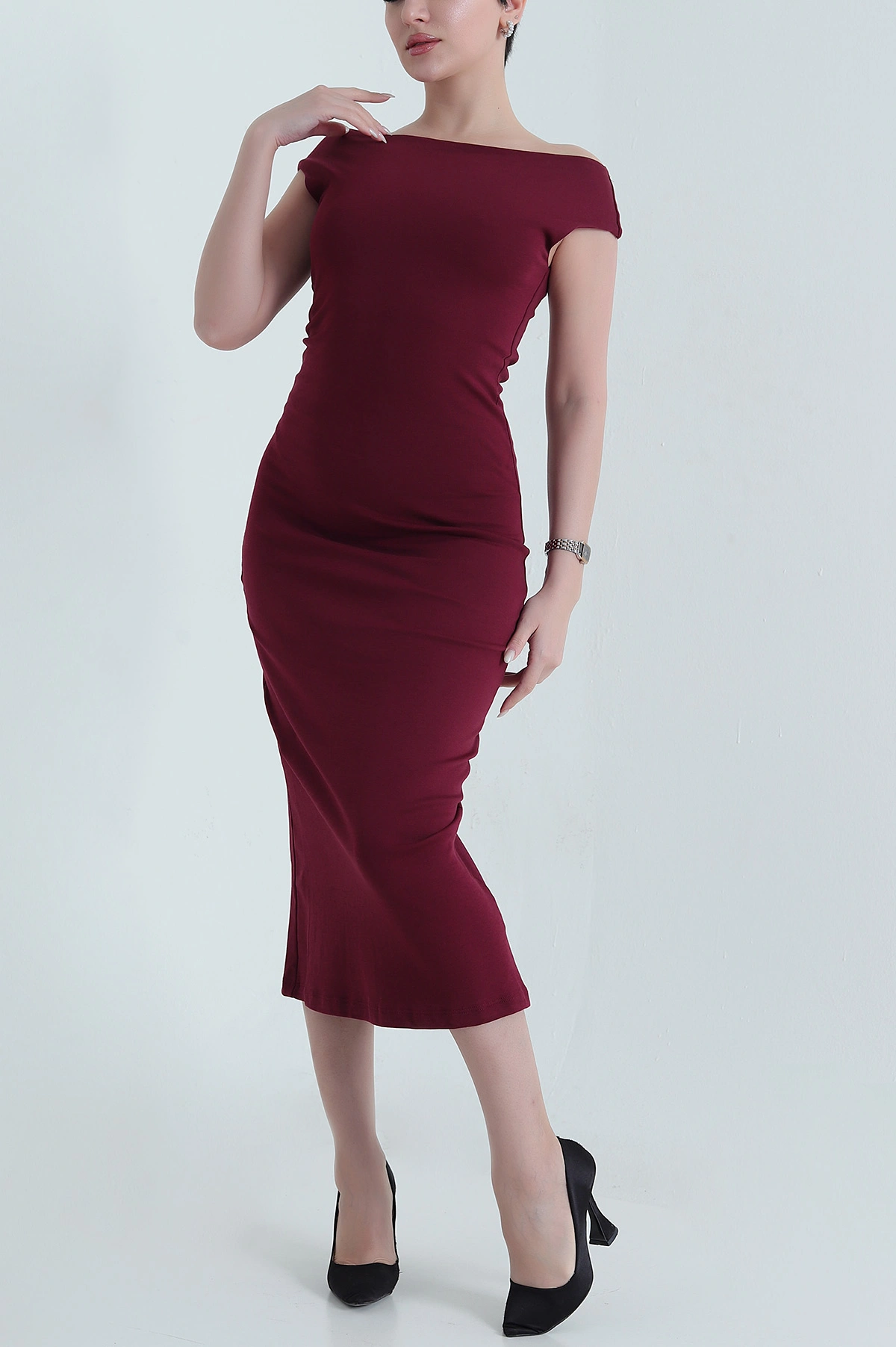 Bordo Yırtmaçlı Kolsuz Kadın Elbise 448239