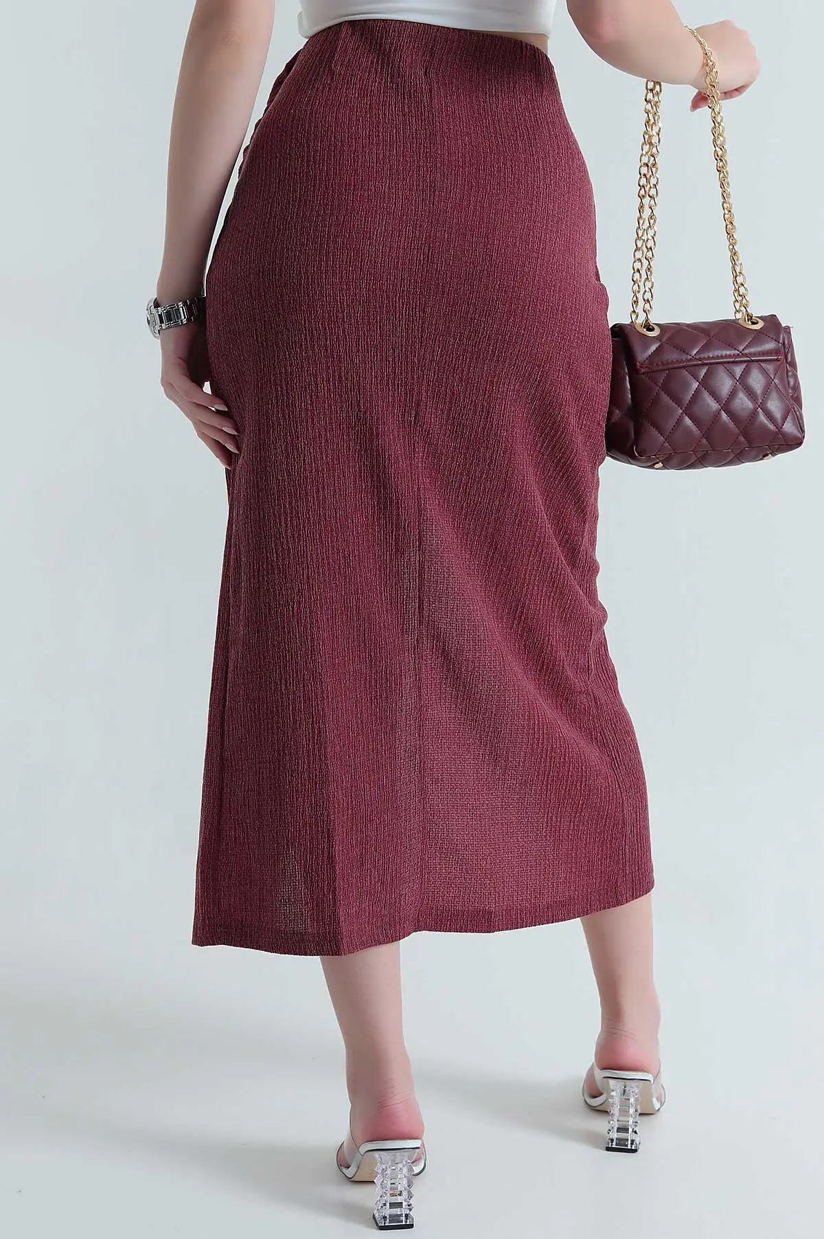 Bordo Yırtmaçlı Krinkıl Kadın Etek 465368