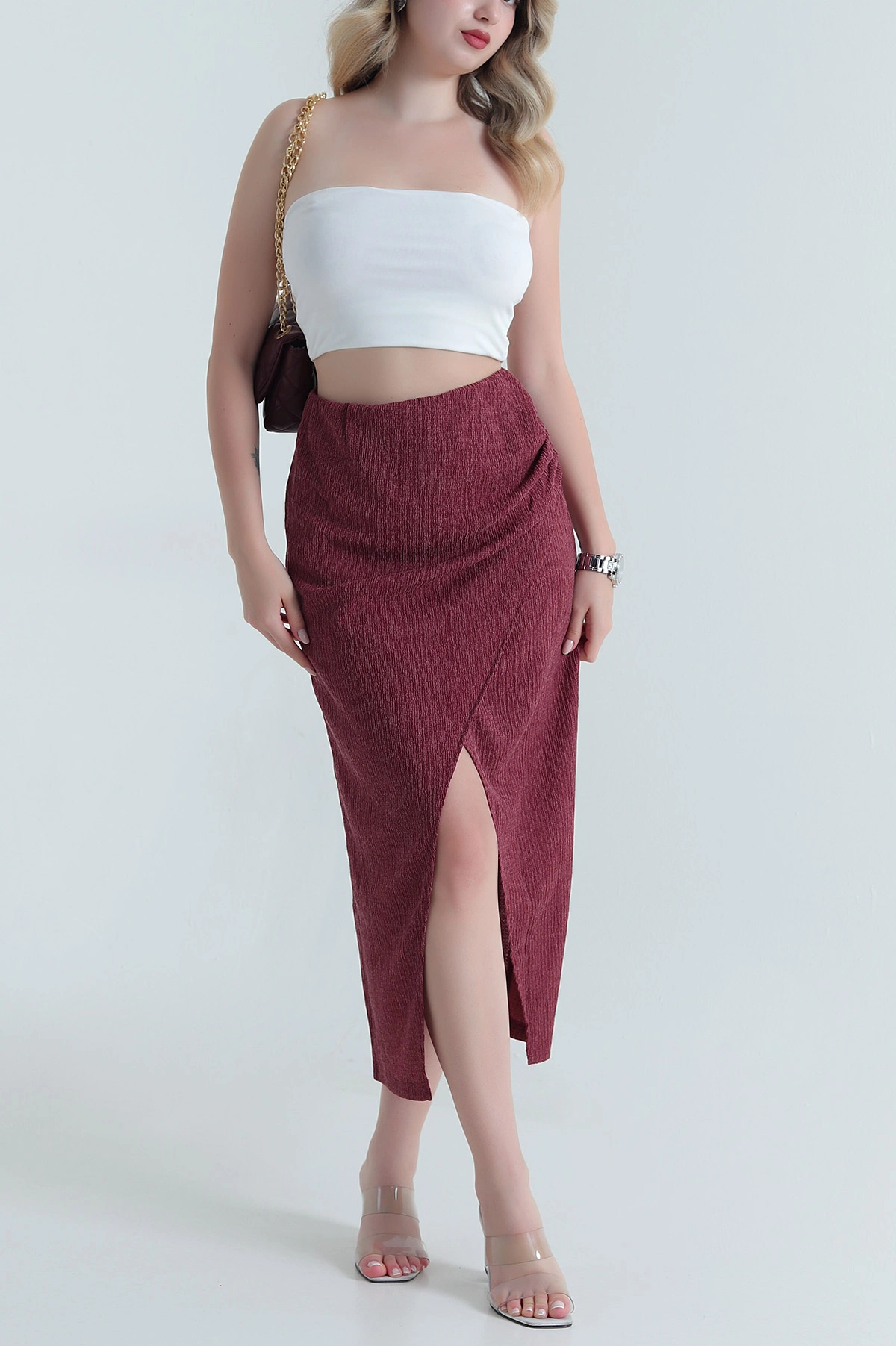 Bordo Yırtmaçlı Krinkıl Kadın Etek 465368