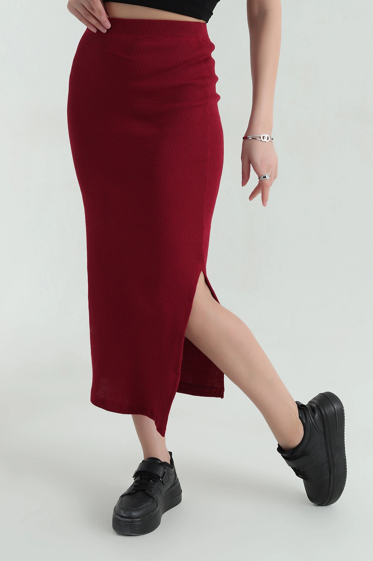 Bordo Yırtmaçlı Likralı Bel Lastikli Kadın Etek 346267