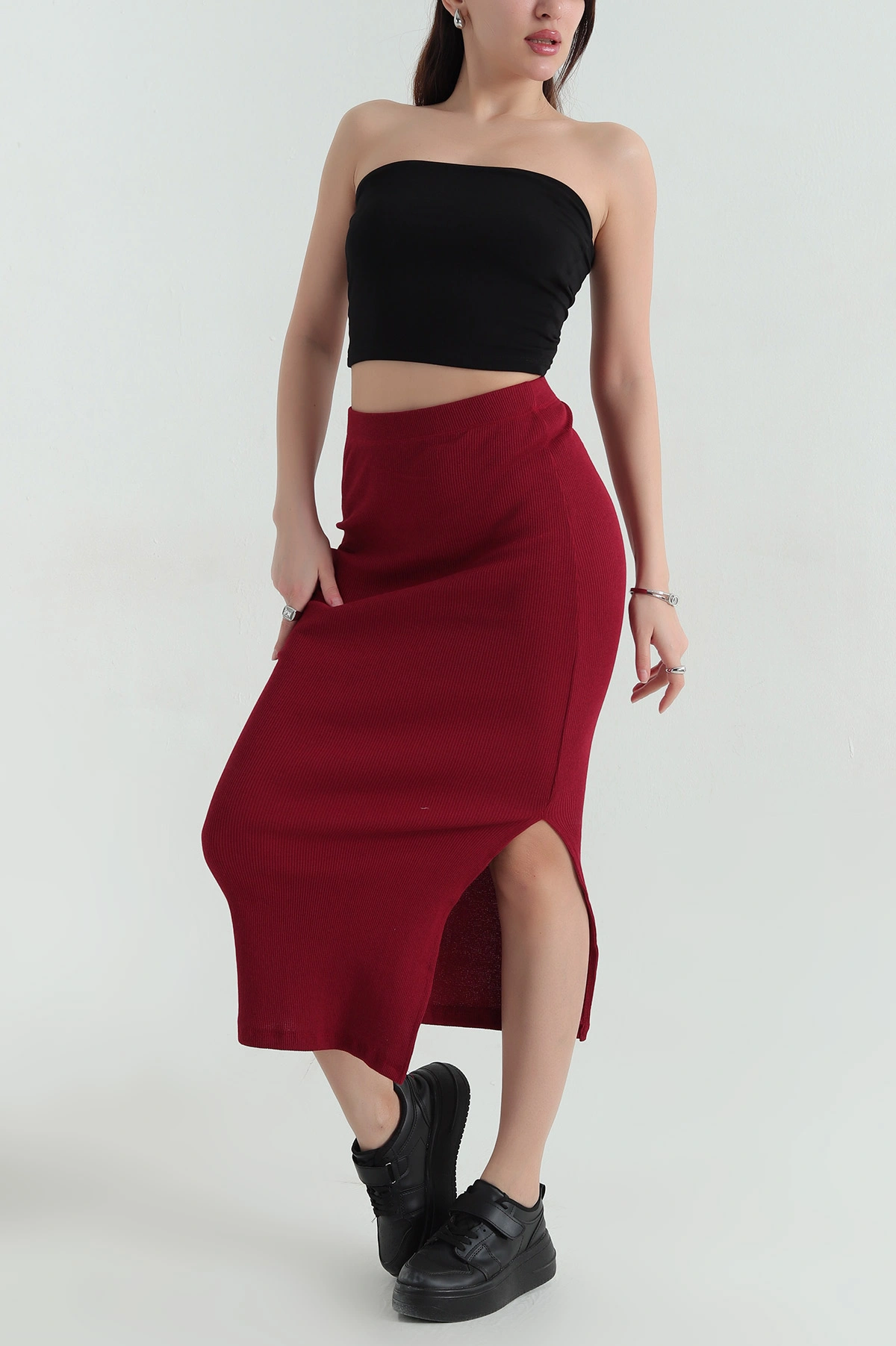 Bordo Yırtmaçlı Likralı Bel Lastikli Kadın Etek 346267