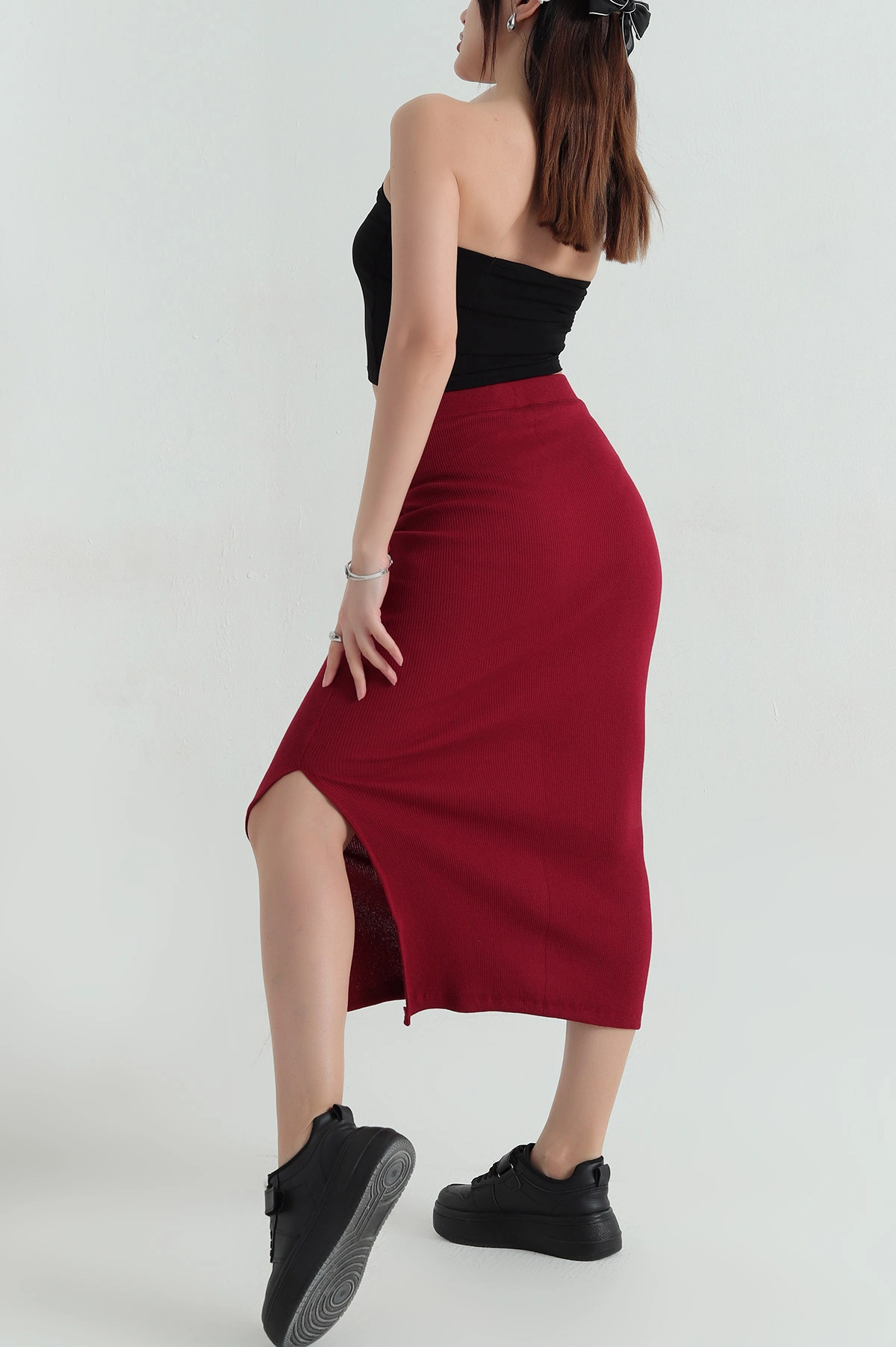 Bordo Yırtmaçlı Likralı Bel Lastikli Kadın Etek 346267