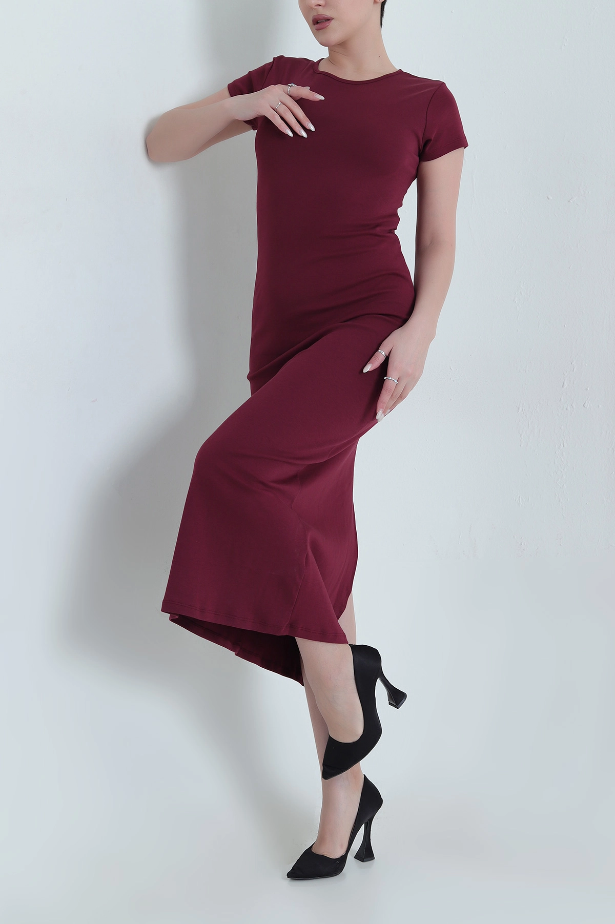 Bordo Yırtmaçlı Modal Kadın Elbise 448198