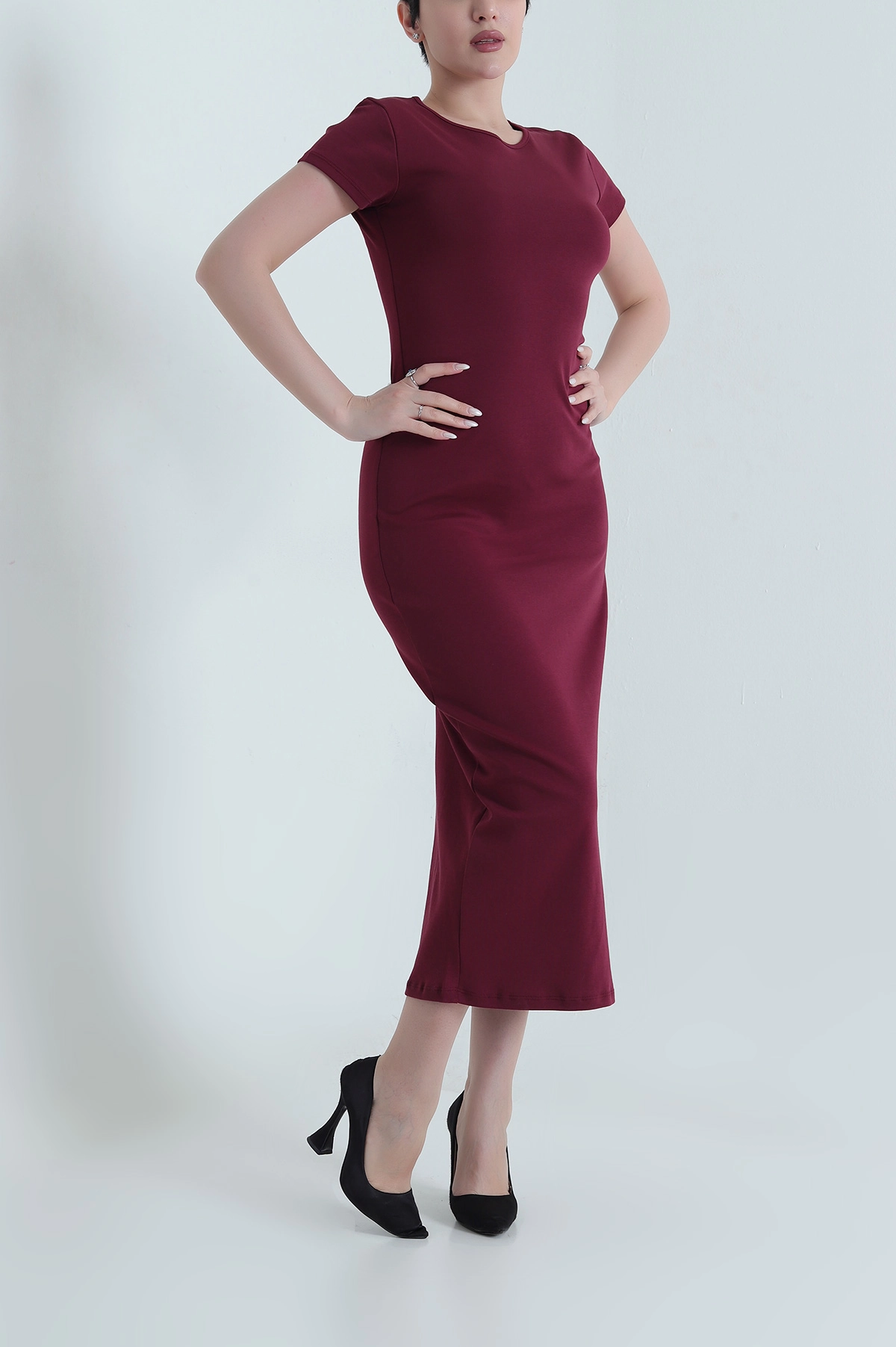 Bordo Yırtmaçlı Modal Kadın Elbise 448198