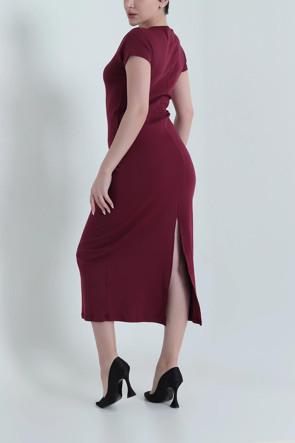 Bordo Yırtmaçlı Modal Kadın Elbise 448198
