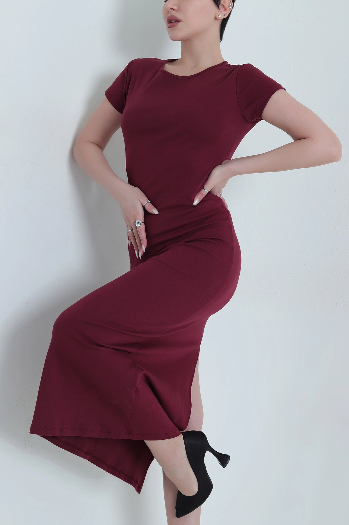 Bordo Yırtmaçlı Modal Kadın Elbise 448198