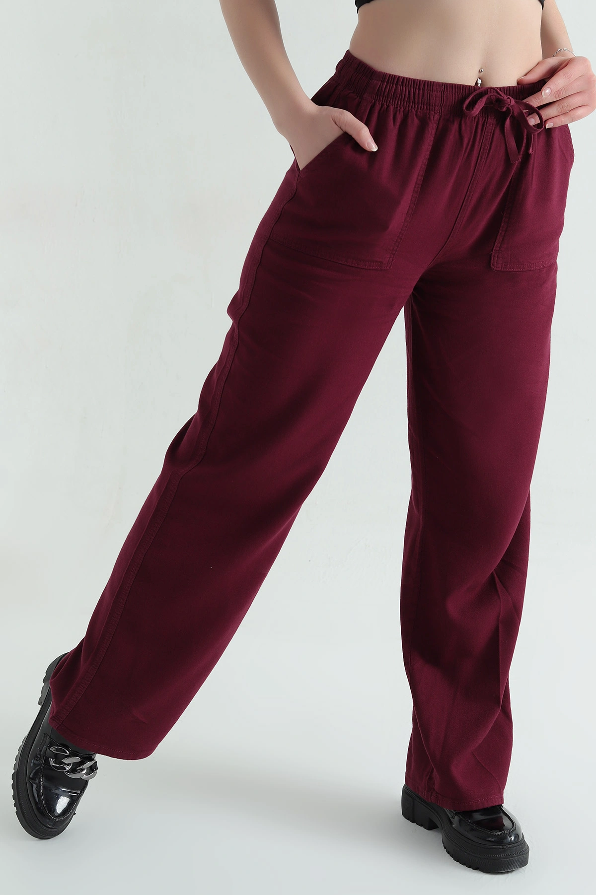 Bordo Yüksek Bel Viskon Kadın Pantolon 354455