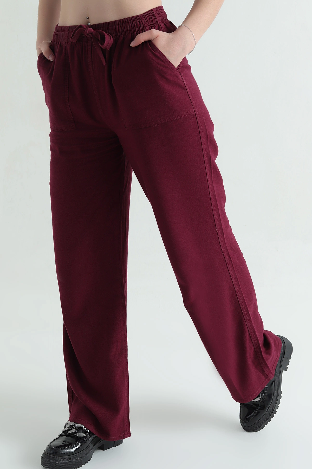 Bordo Yüksek Bel Viskon Kadın Pantolon 354455