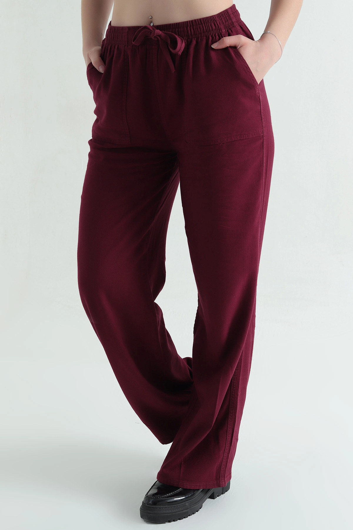 Bordo Yüksek Bel Viskon Kadın Pantolon 354455