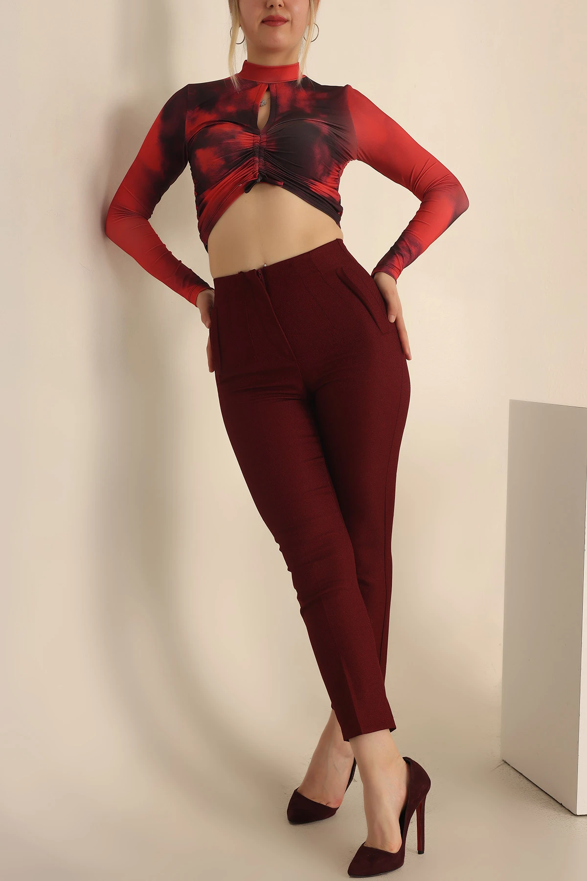 Bordo Yün Efekt Bayan Pantolon 234260