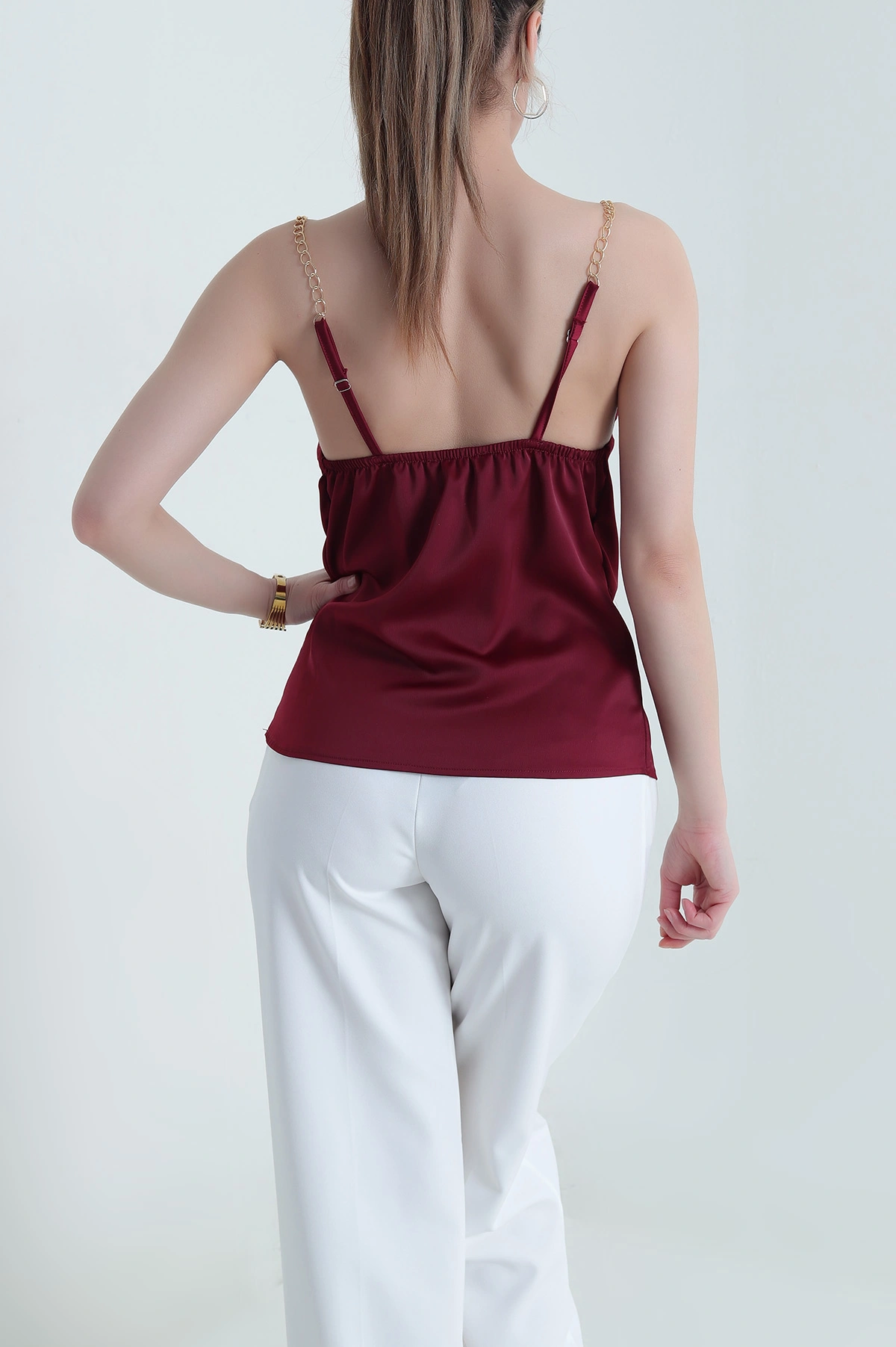 Bordo Zincir Askılı Kadın Saten Bluz 443535