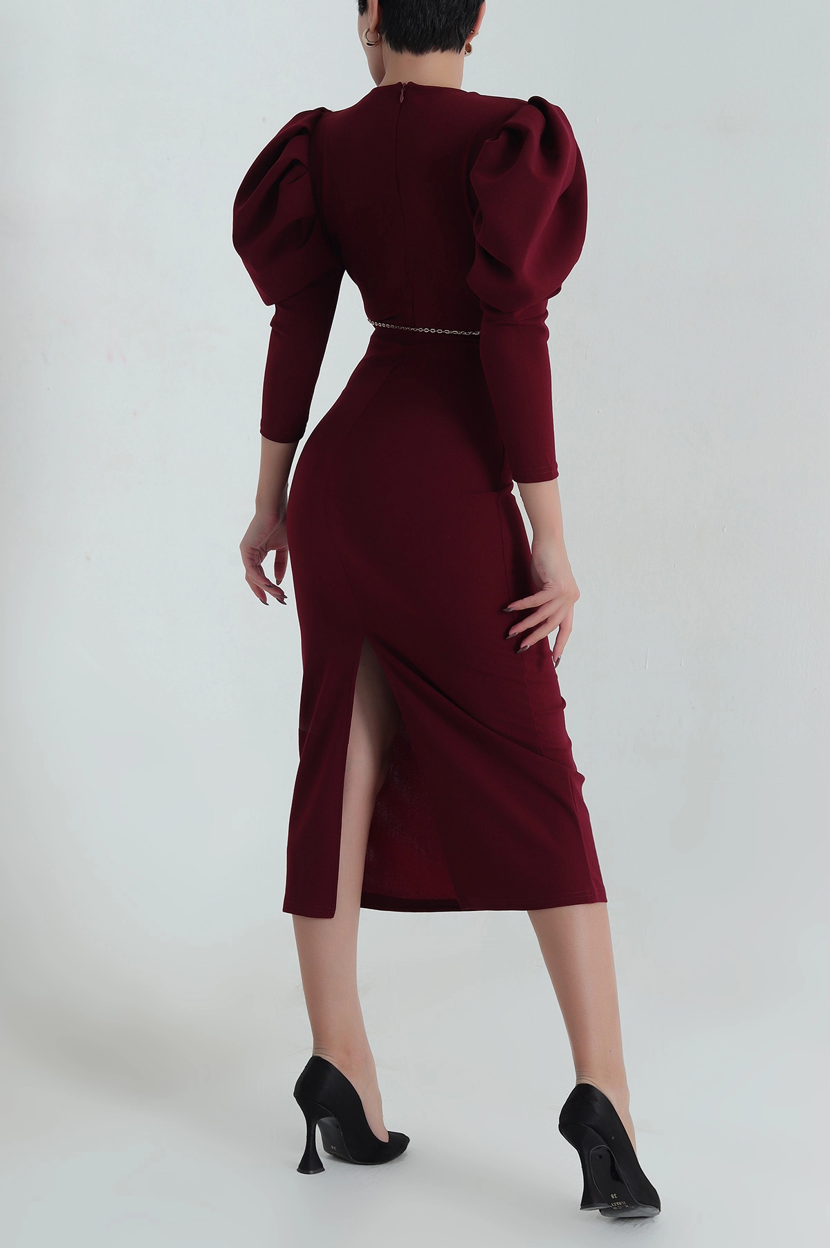 Bordo Zincir Kemerli İthal Crep Kadın Elbise 411345