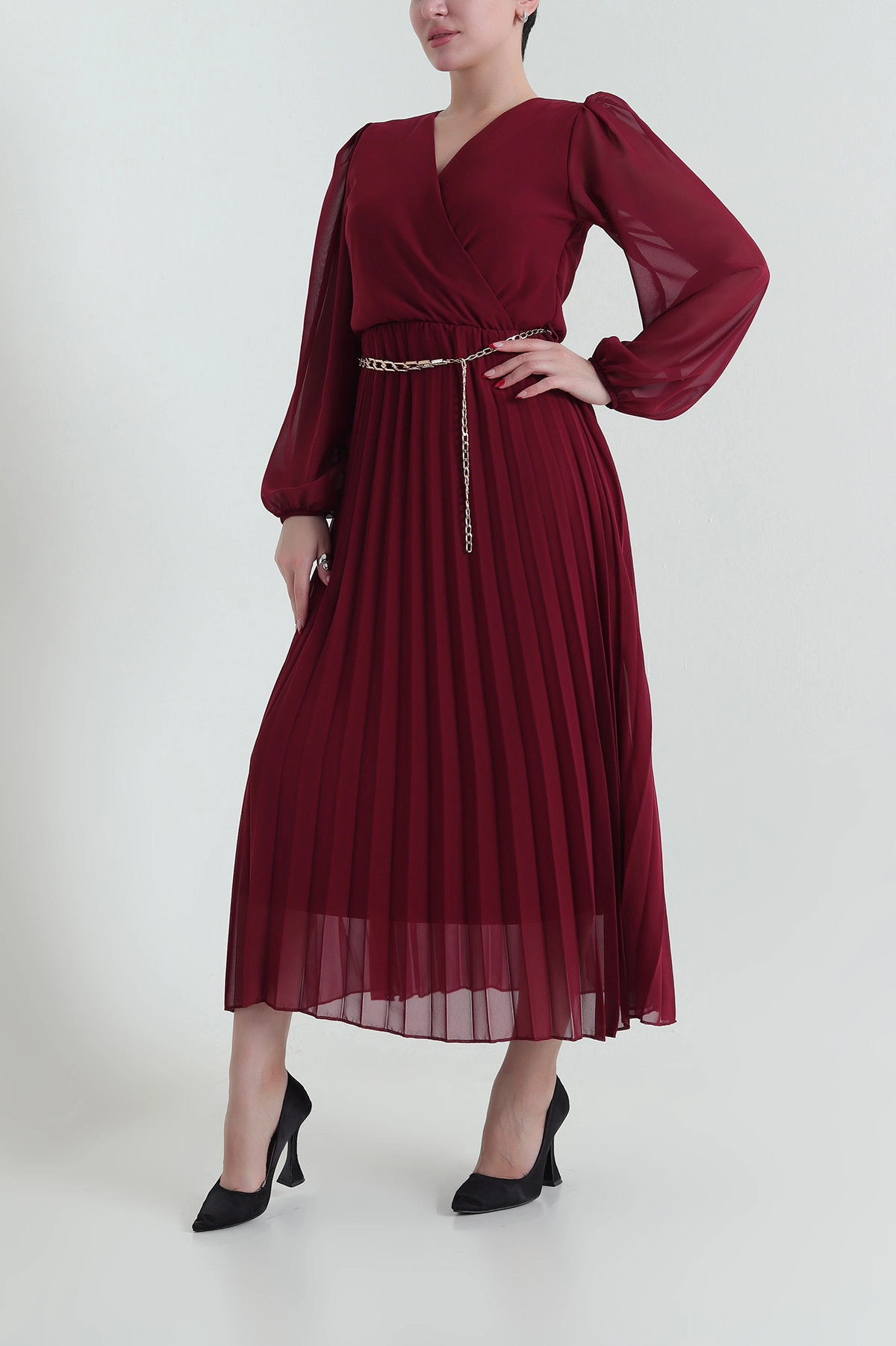 Bordo Zincir Kemerli Şifon Kadın Elbise 433185