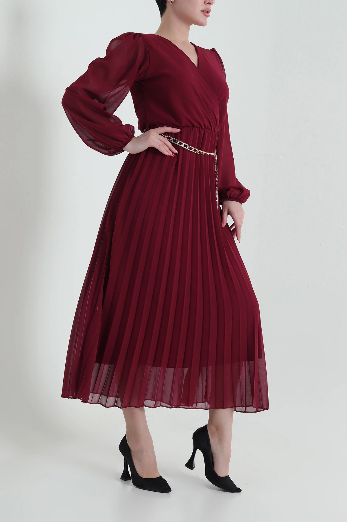 Bordo Zincir Kemerli Şifon Kadın Elbise 433185