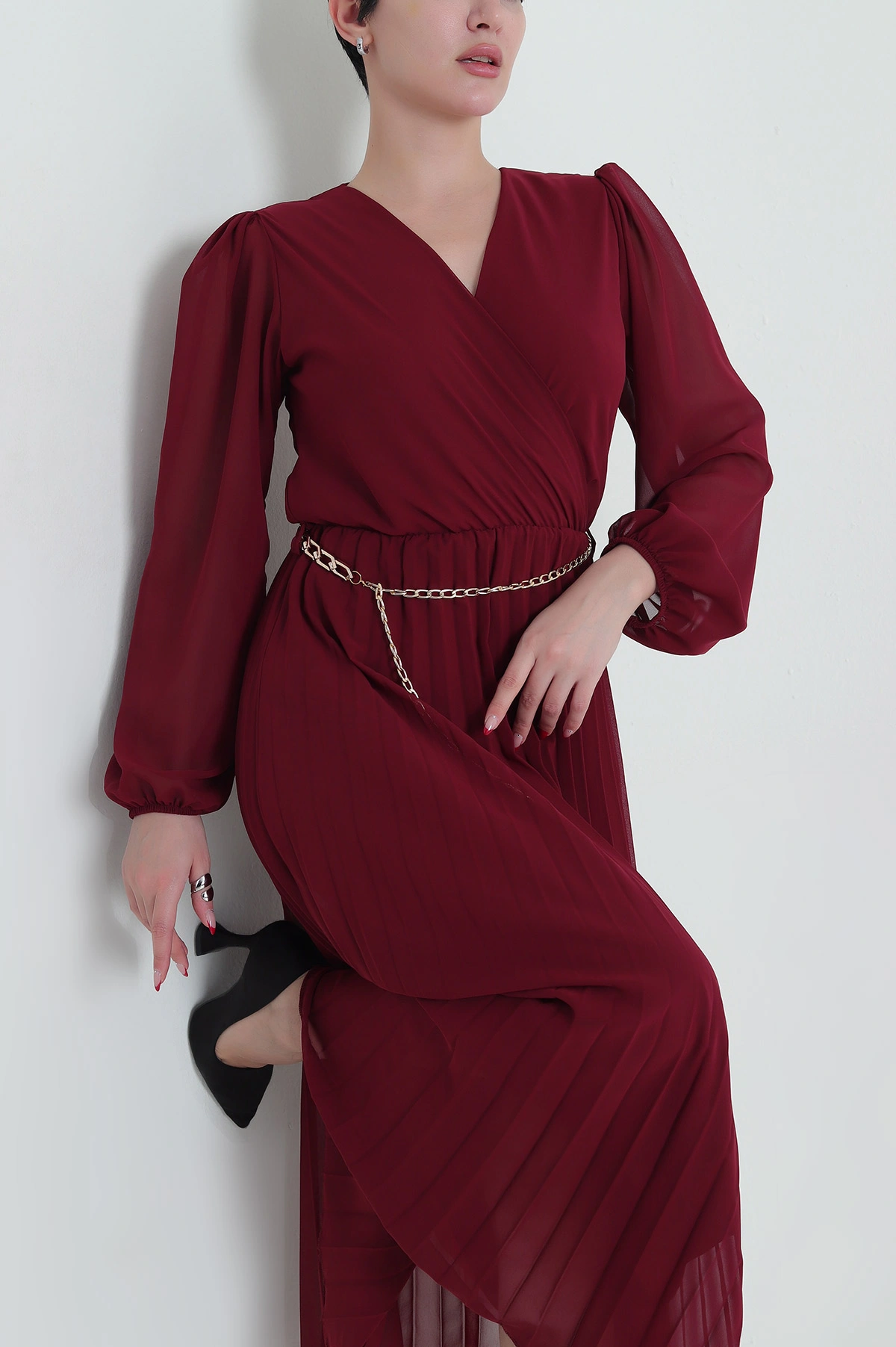 Bordo Zincir Kemerli Şifon Kadın Elbise 433185