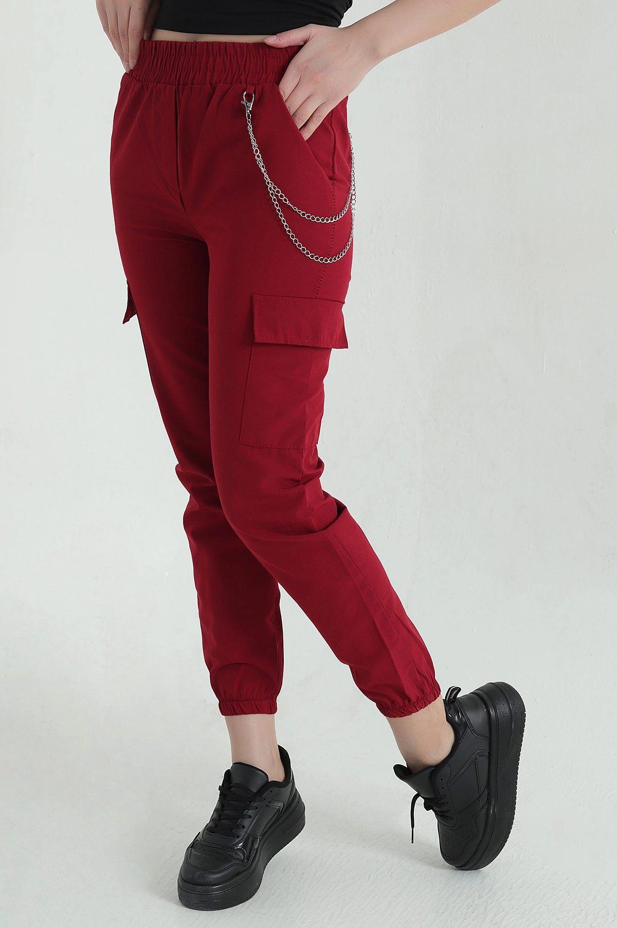Bordo Zincirli Kargo Cep Kadın Jogger Pantolon 356788