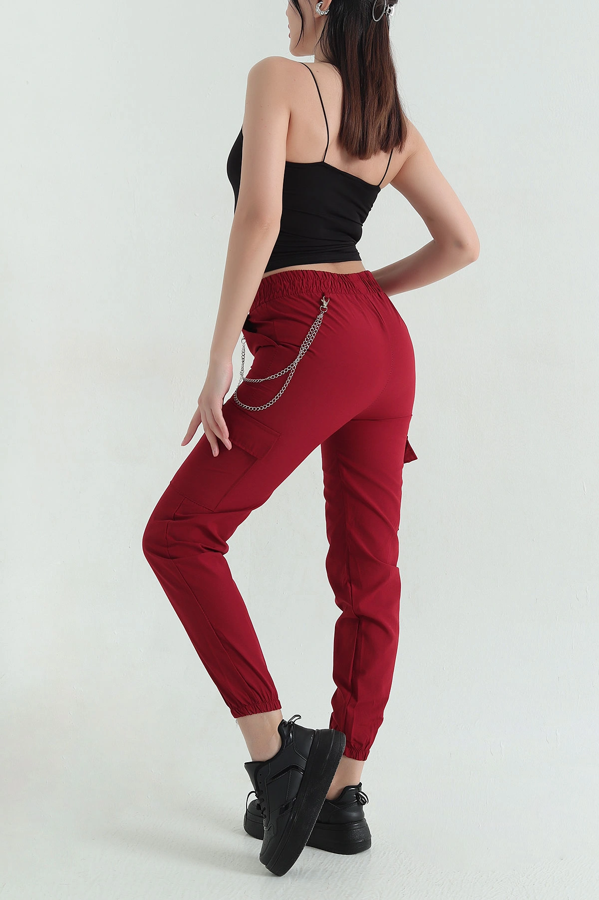 Bordo Zincirli Kargo Cep Kadın Jogger Pantolon 356788