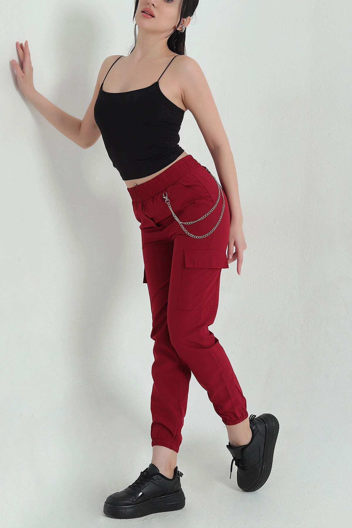 Bordo Zincirli Kargo Cep Kadın Jogger Pantolon 356788