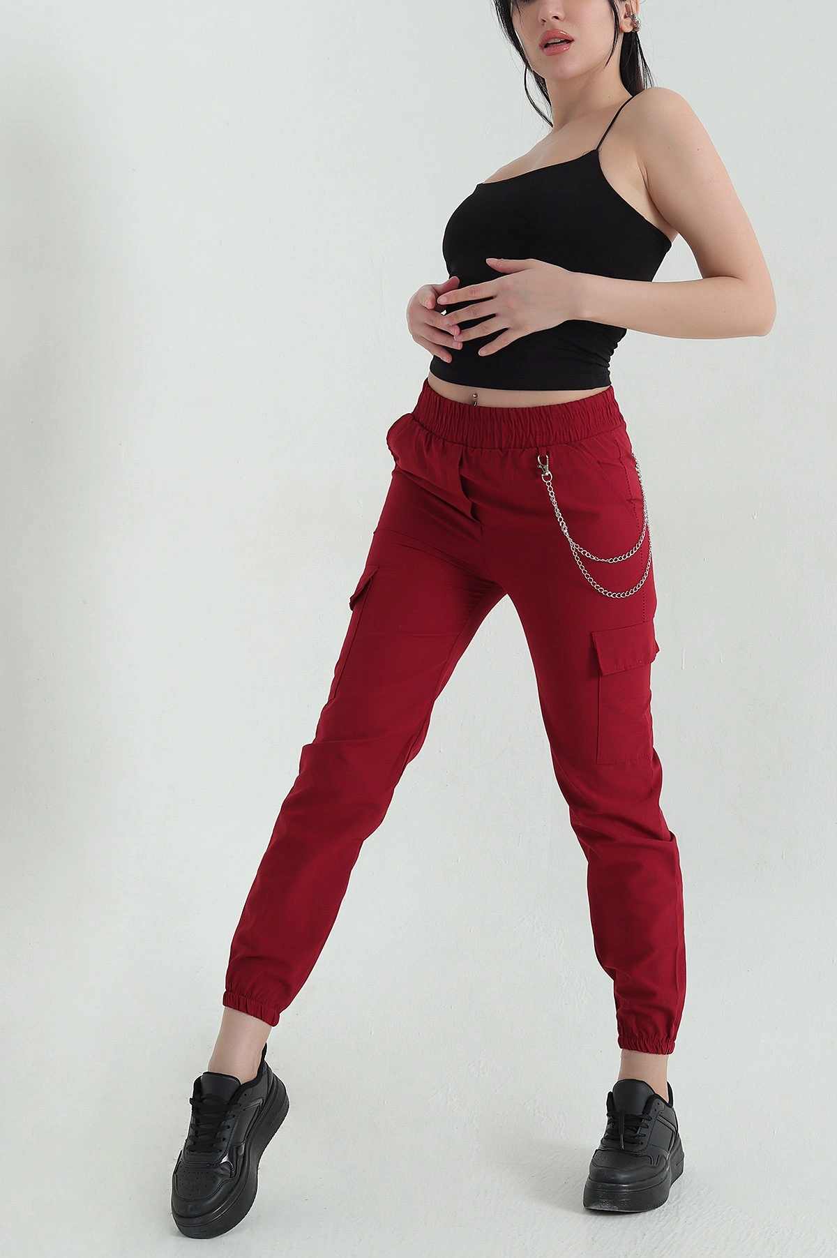 Bordo Zincirli Kargo Cep Kadın Jogger Pantolon 356788