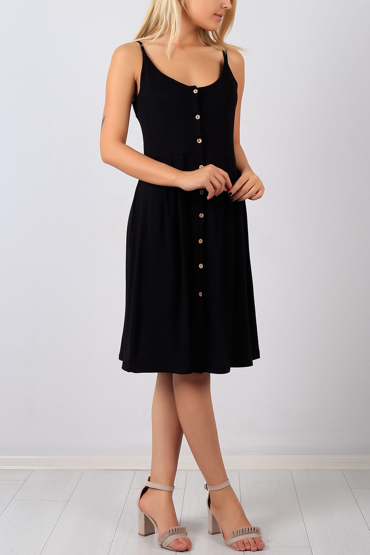 Boydan Düğmeli Askılı Siyah Bayan Elbise 8439B