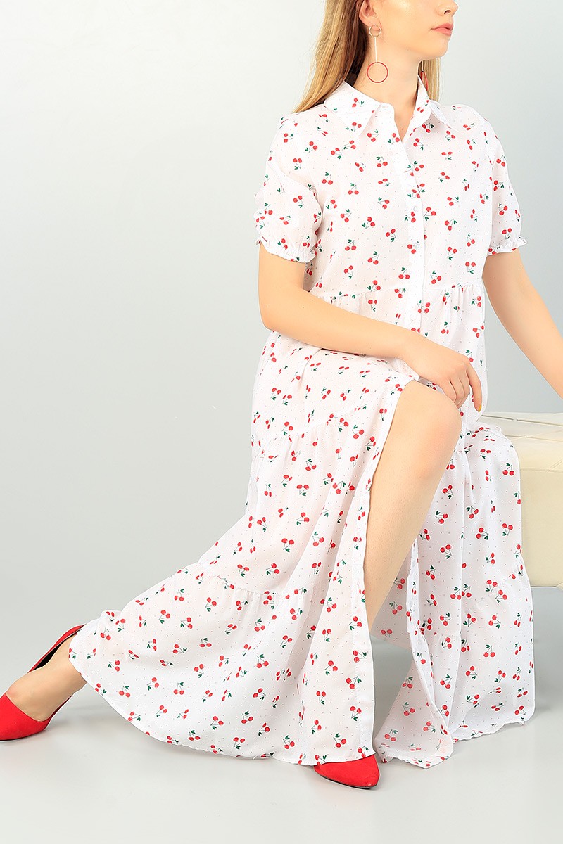 Boydan Düğmeli Desenli Poplin Elbise 70733