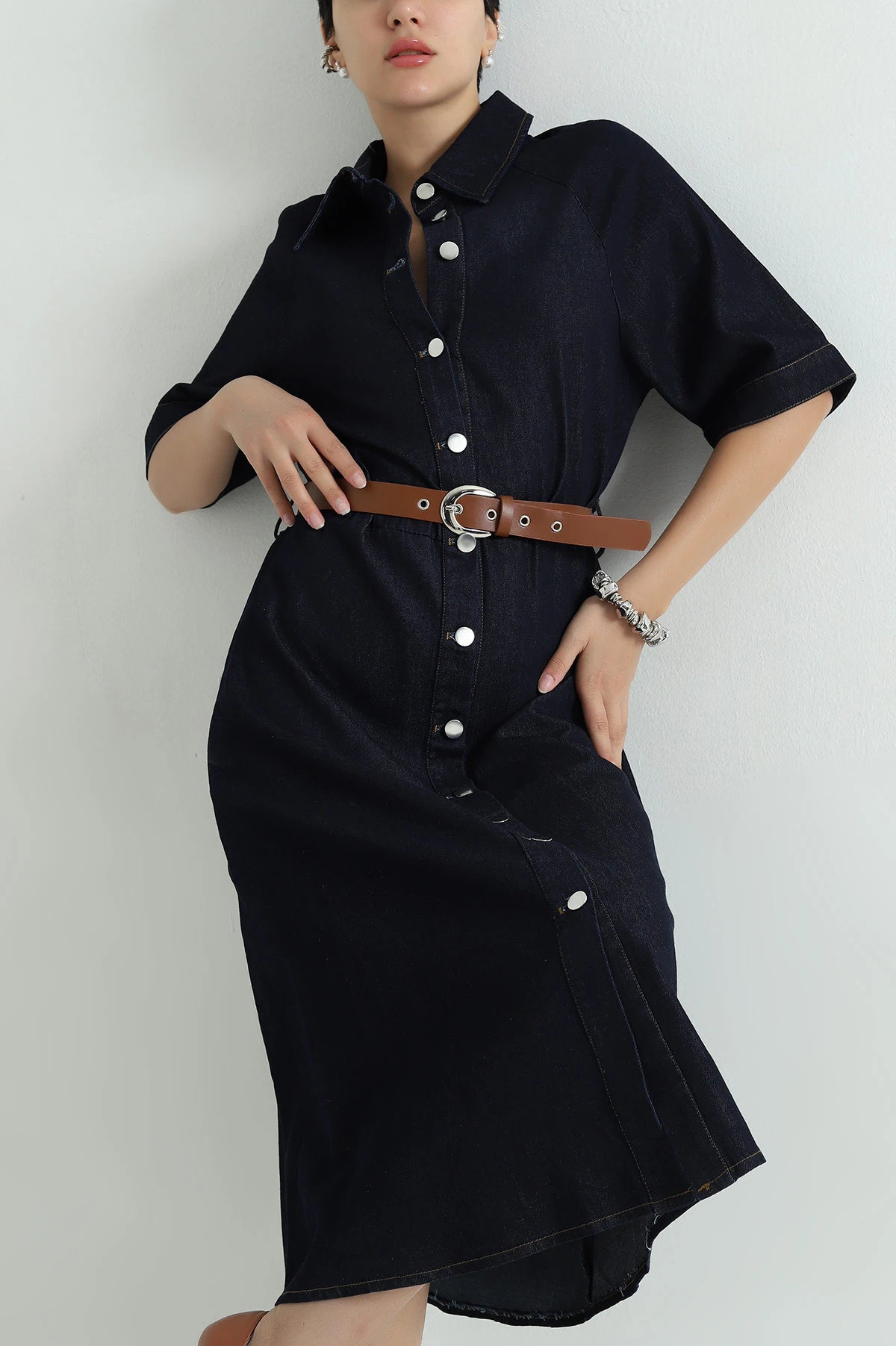 Boydan Düğmeli Kemerli Tencel Kot Elbise 368953