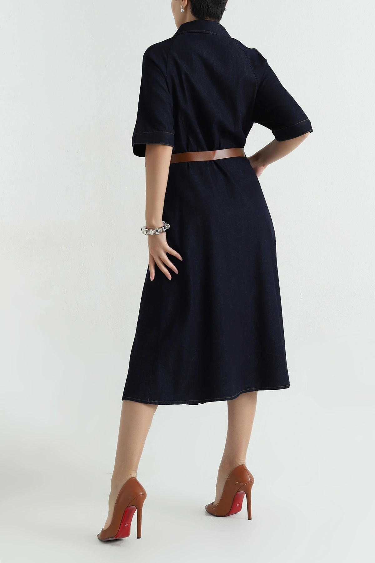 Boydan Düğmeli Kemerli Tencel Kot Elbise 368953