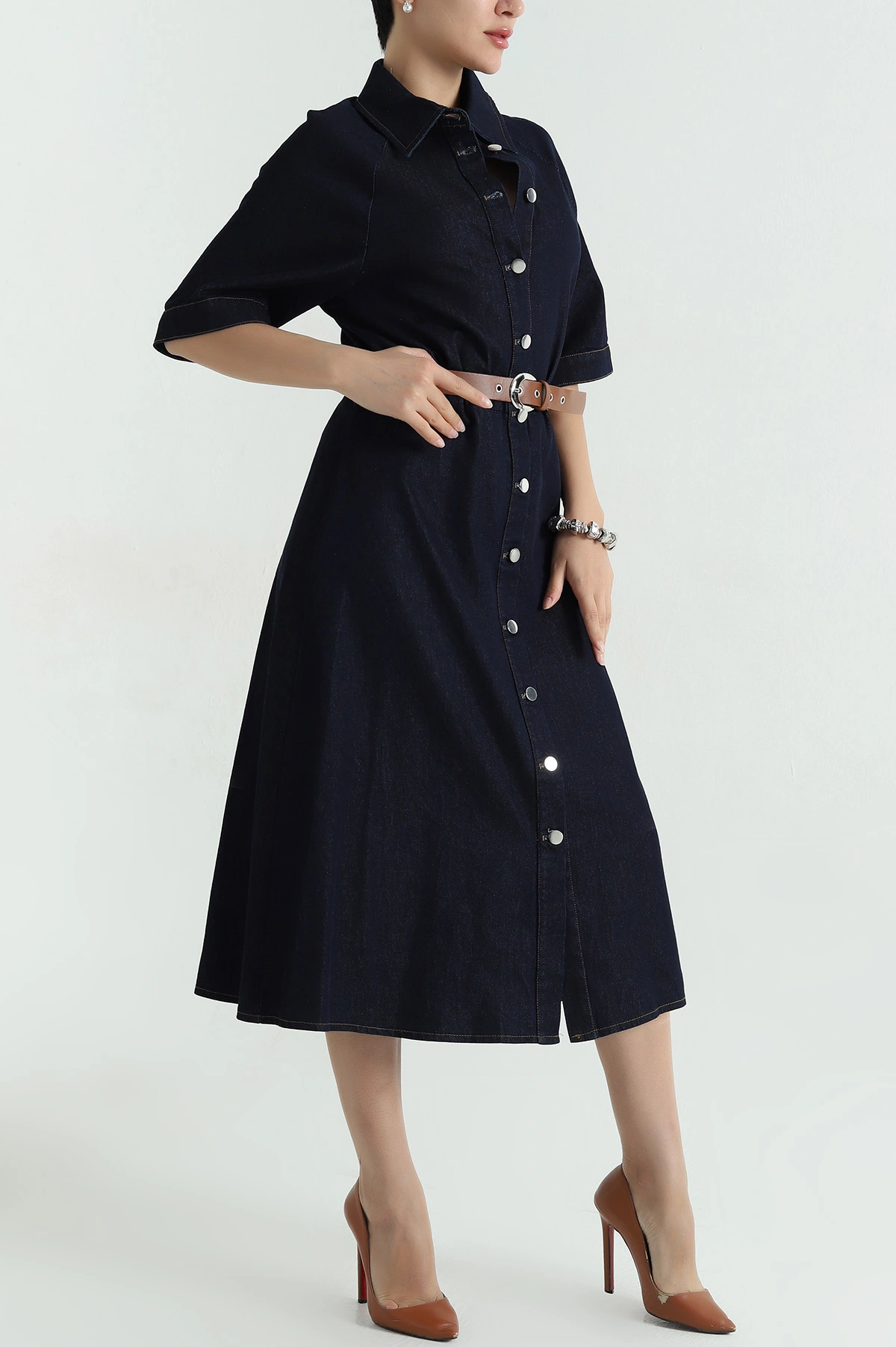 Boydan Düğmeli Kemerli Tencel Kot Elbise 368953