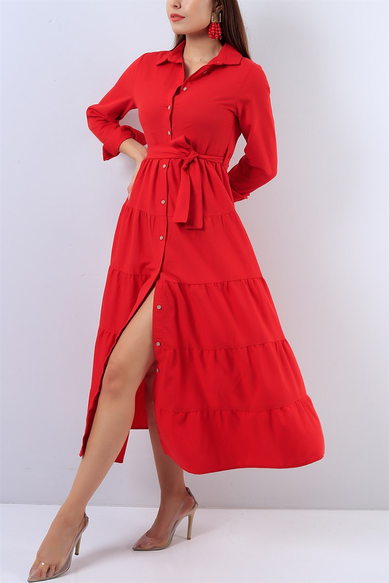 Boydan Düğmeli Kırmızı Elbise 17293B