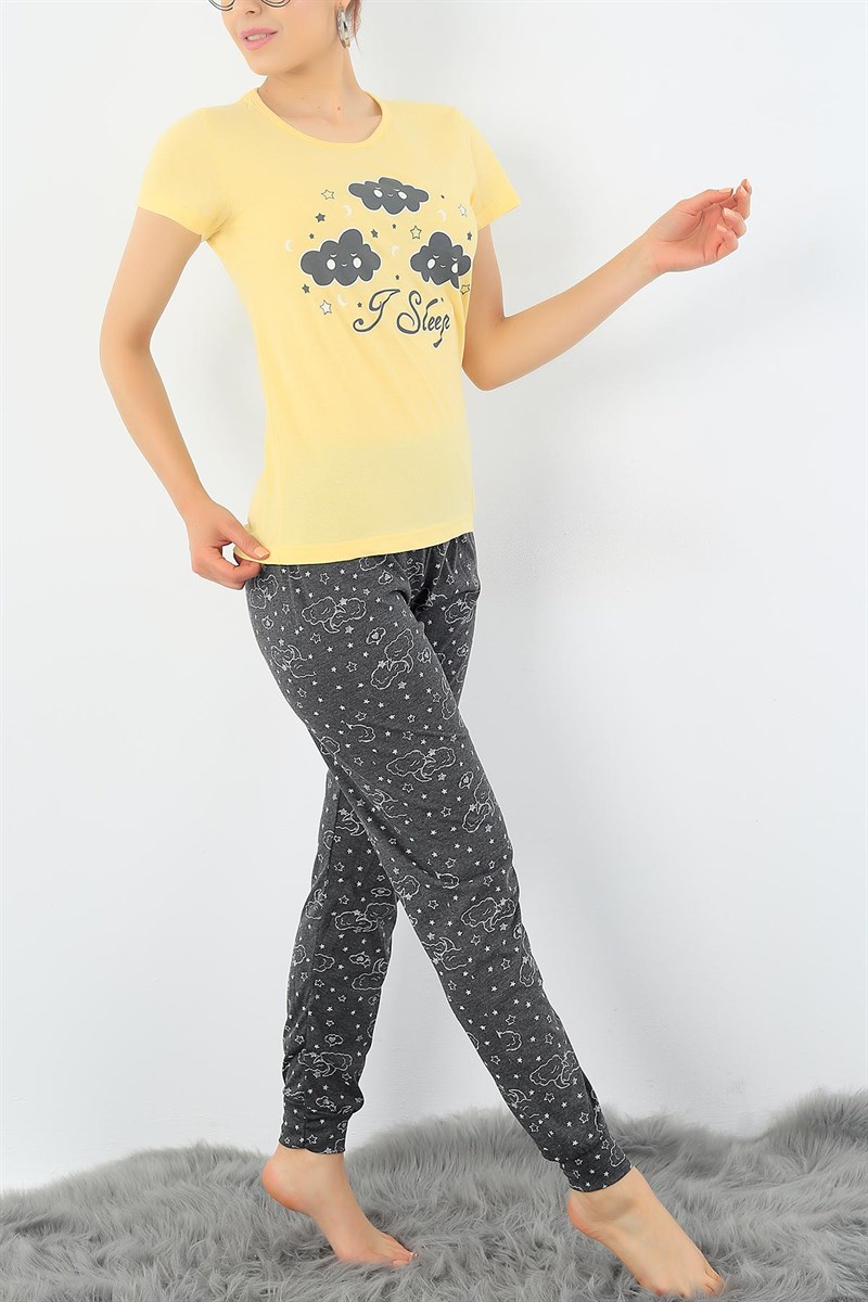 Bulut Baskılı Likralı Bayan Pijama Takımı 33001