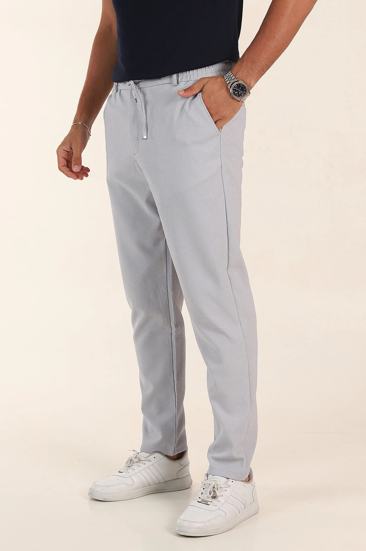 Buz Gri Regular Fit Dokulu Bel Lastikli Erkek Pantolon 382288