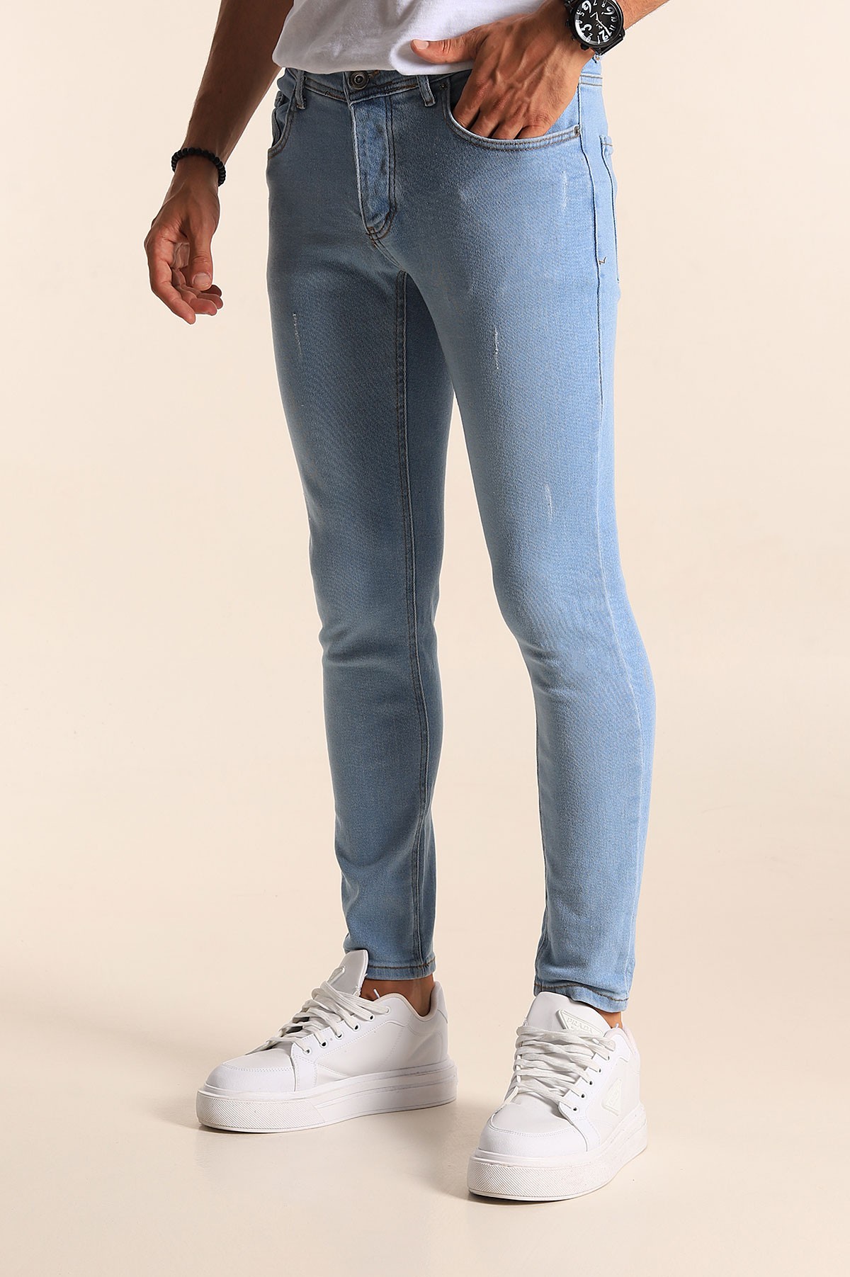 Buz Mavi Skinny Fit Likralı Taşlama Detaylı Erkek Kot Pantolon 194707