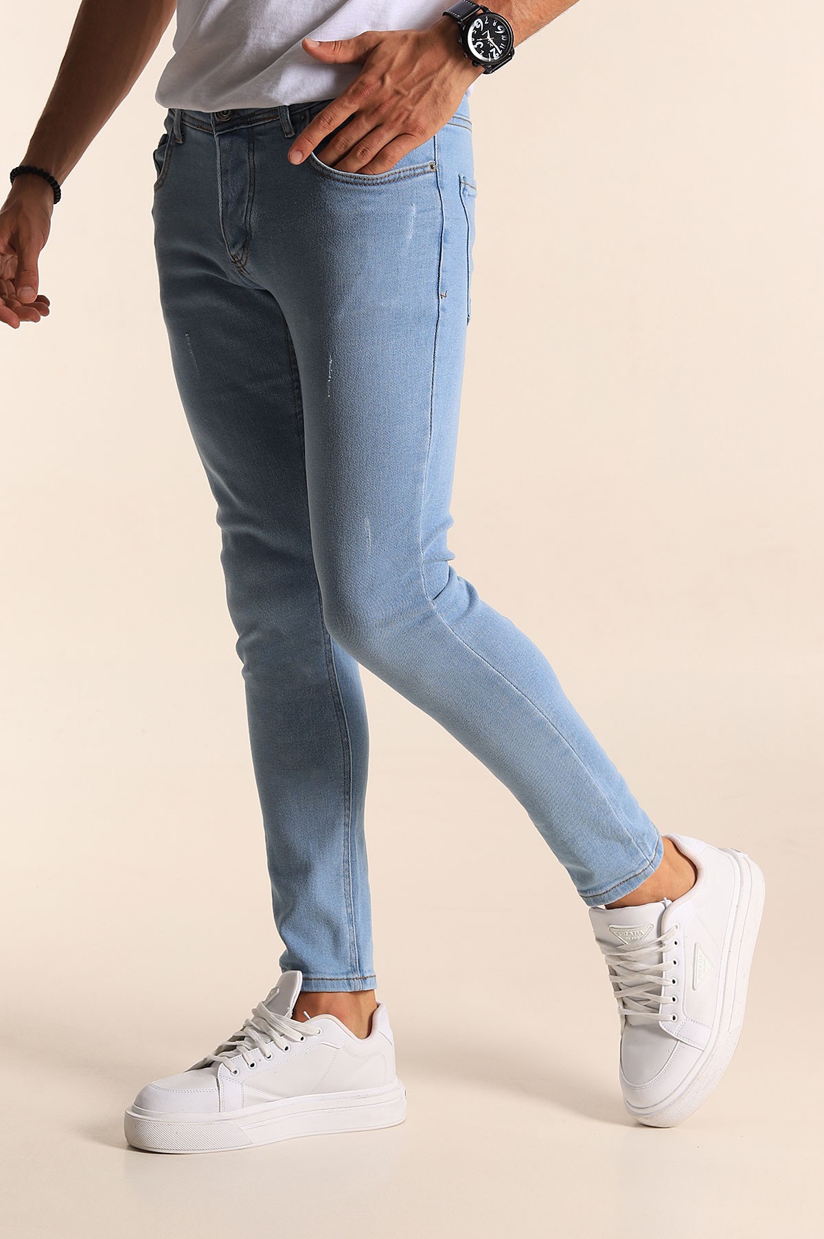 Buz Mavi Skinny Fit Likralı Taşlama Detaylı Erkek Kot Pantolon 194707