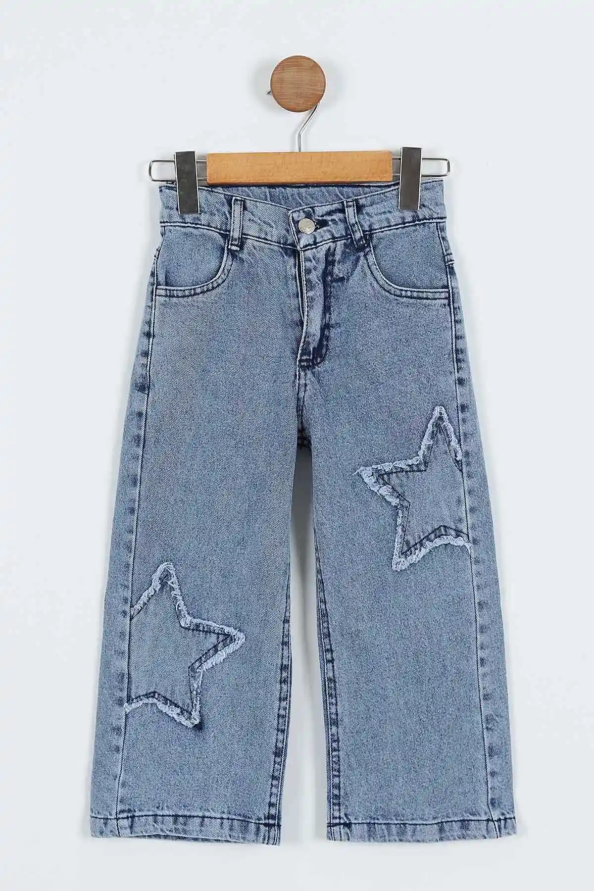 Buz Mavisi (6-10 Yaş) Lazer Kesim Yıldız Nakışlı Kız Çocuk Kot Pantolon 339891