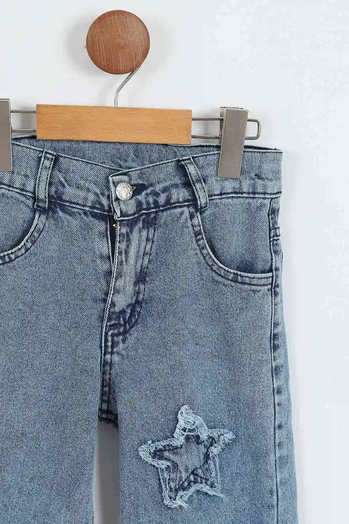 Buz Mavisi (6-10 Yaş) Lazer Kesim Yıldız Nakışlı Kız Çocuk Kot Pantolon 352586