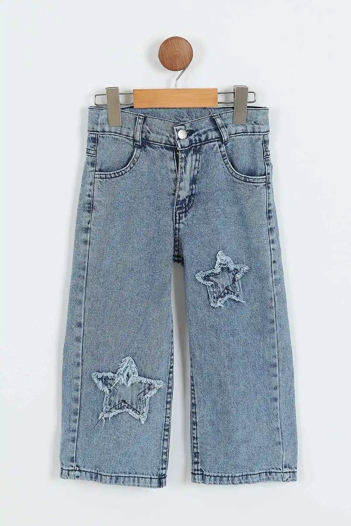 Buz Mavisi (6-10 Yaş) Lazer Kesim Yıldız Nakışlı Kız Çocuk Kot Pantolon 352586