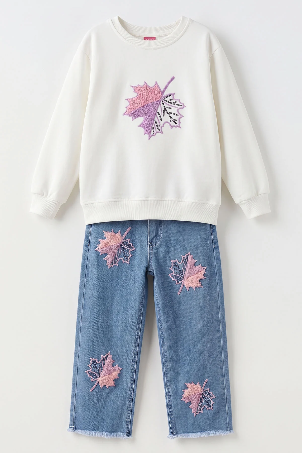 Buz Mavisi Beyaz (5-12 Yaş) Yaprak Nakışlı Üzeri Pullu 2 İp Sweatli Kot Pantolonlu Kız Çocuk Takım 500536
