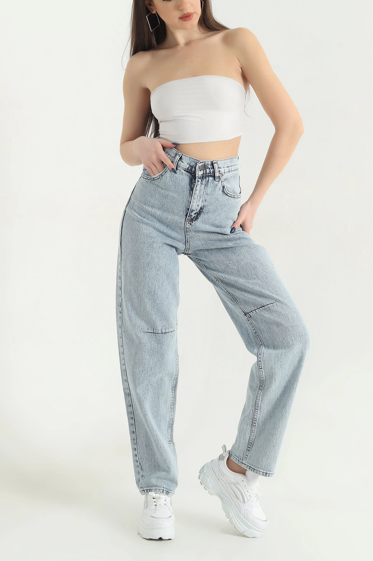 Buz Mavisi Cepli Baggy Kadın Kot Pantolon 345628