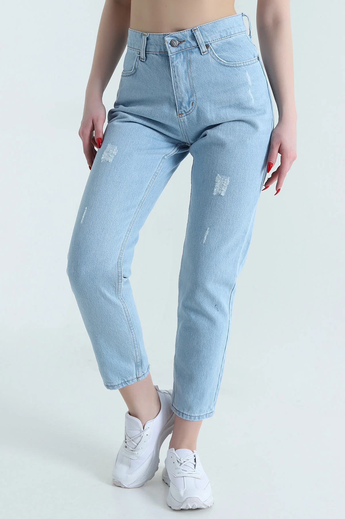 Buz Mavisi Lazer Kesim Mom Kadın Kot Pantolon 445168