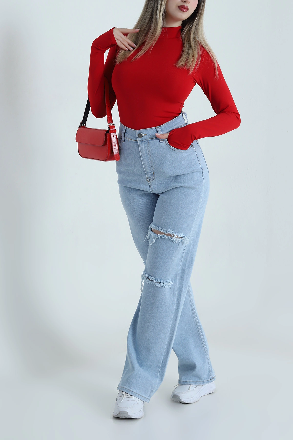 Buz Mavisi Likralı Lazer Kesim Kadın Kot Pantolon 487466