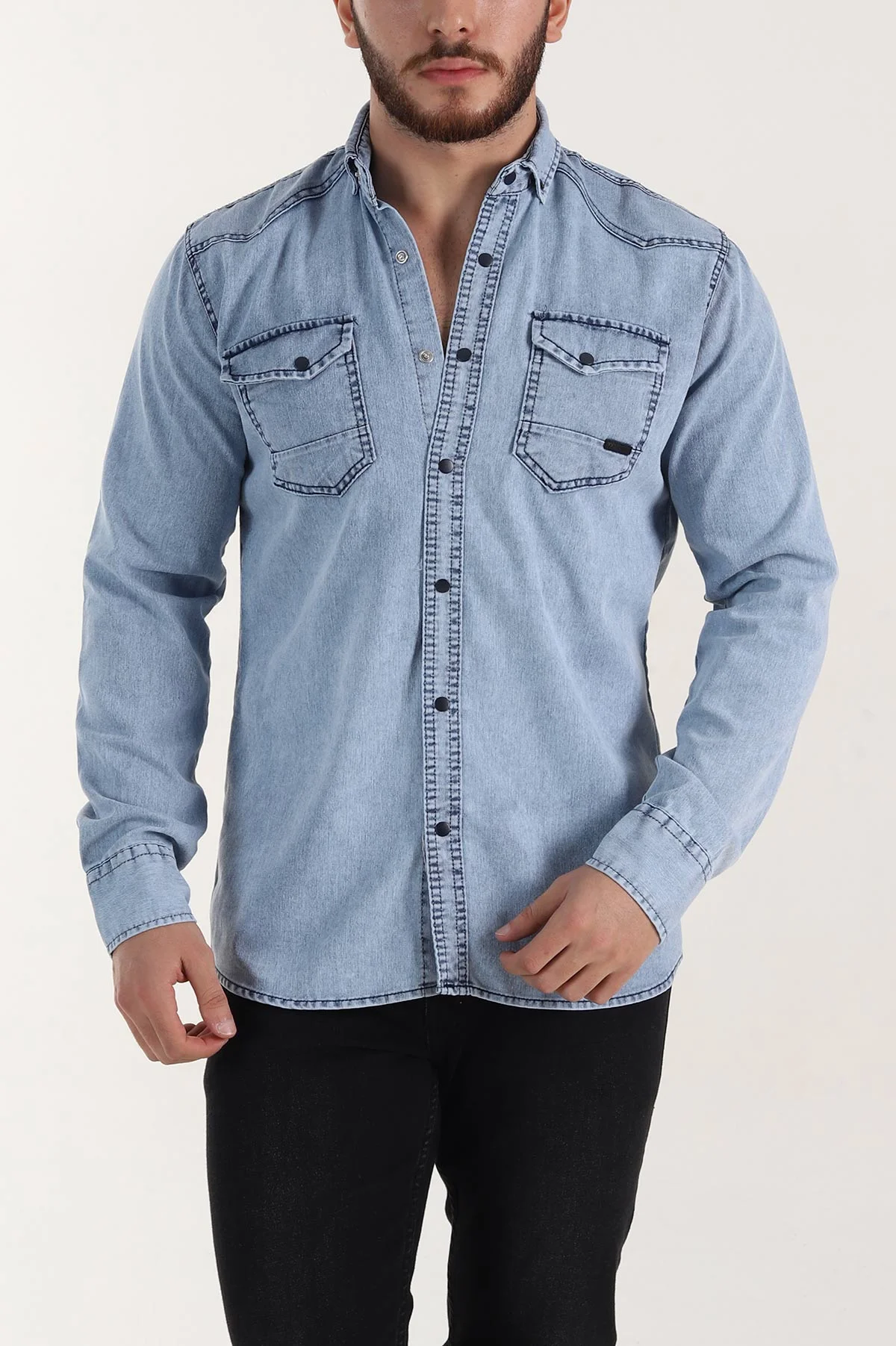 Buz Mavisi Regular Fit Çift Cep Detaylı Yıkamalı Erkek Kot Gömlek 397961
