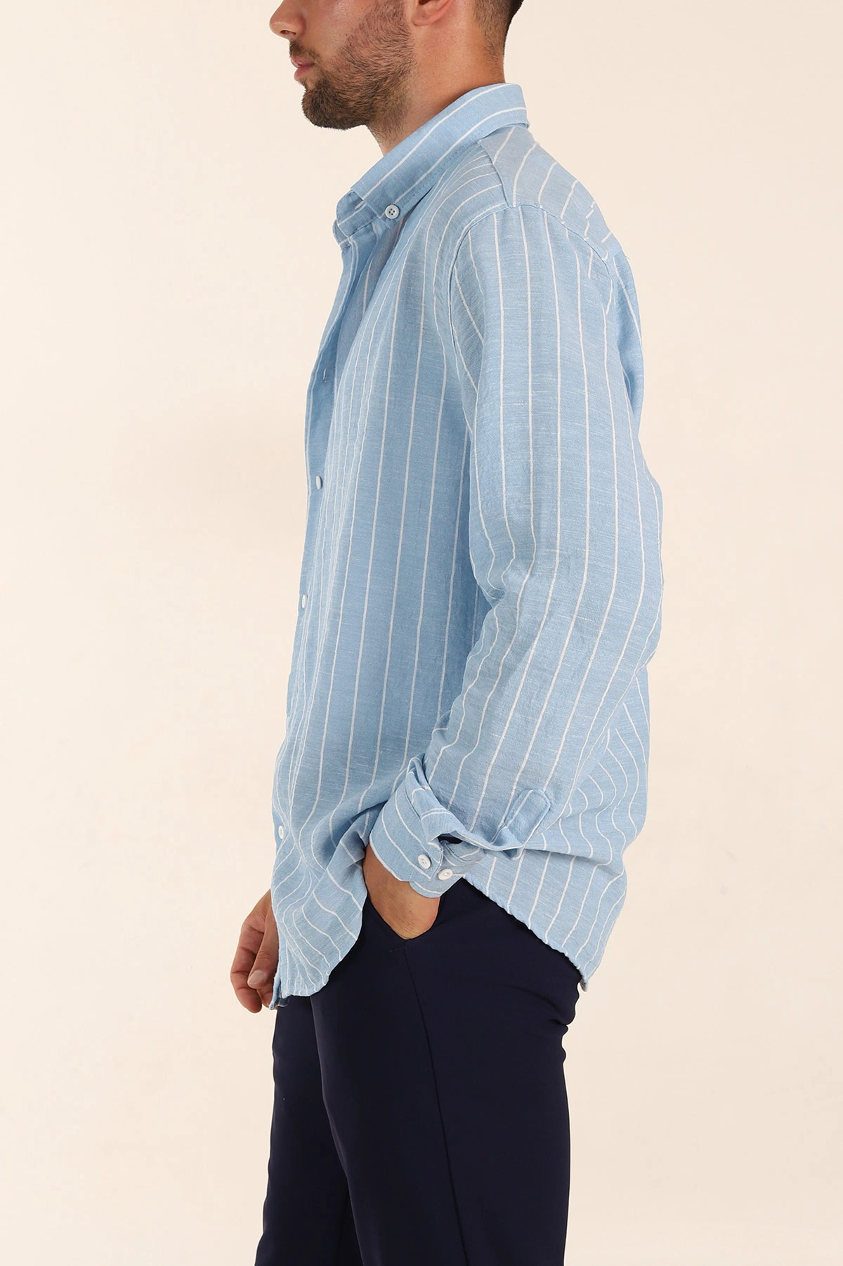 Buz Mavisi Relaxed Fit Keten Ata Yaka Çizgili Erkek Gömlek 376952