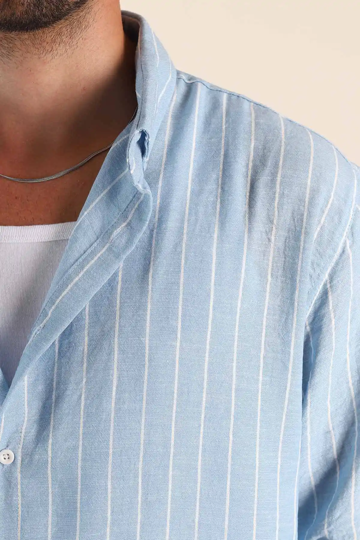 Buz Mavisi Relaxed Fit Keten Ata Yaka Çizgili Erkek Gömlek 376952