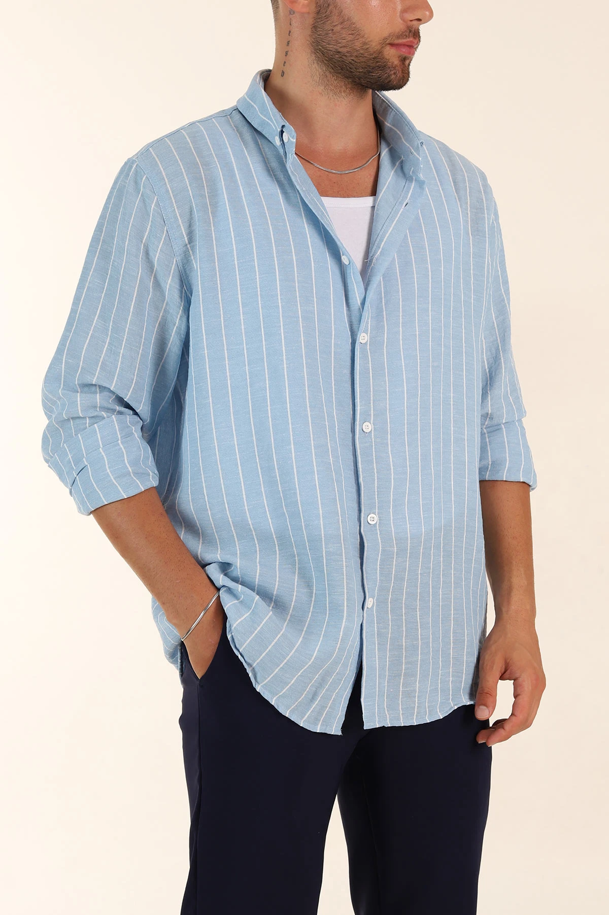 Buz Mavisi Relaxed Fit Keten Ata Yaka Çizgili Erkek Gömlek 376952