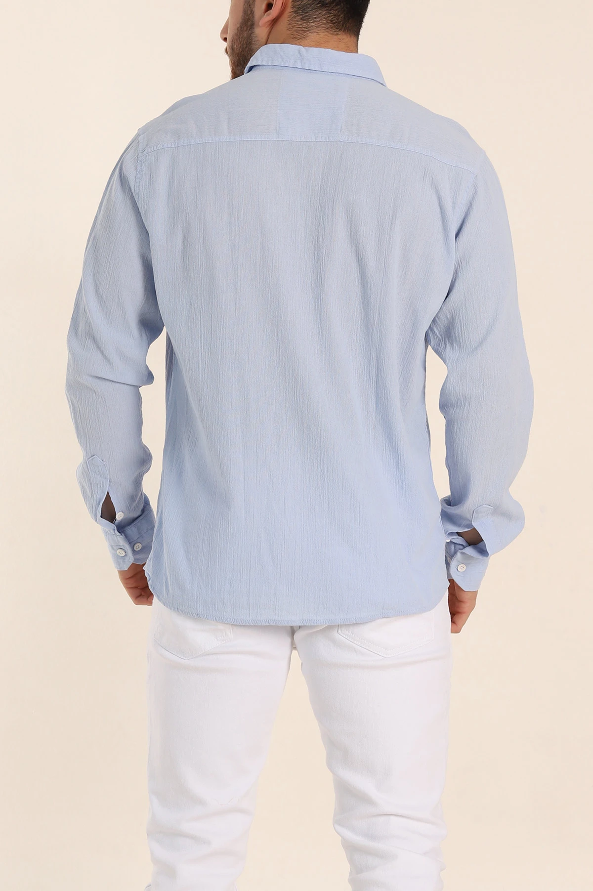 Buz Mavisi Relaxed Fit Keten Ata Yaka Erkek Gömlek 339161
