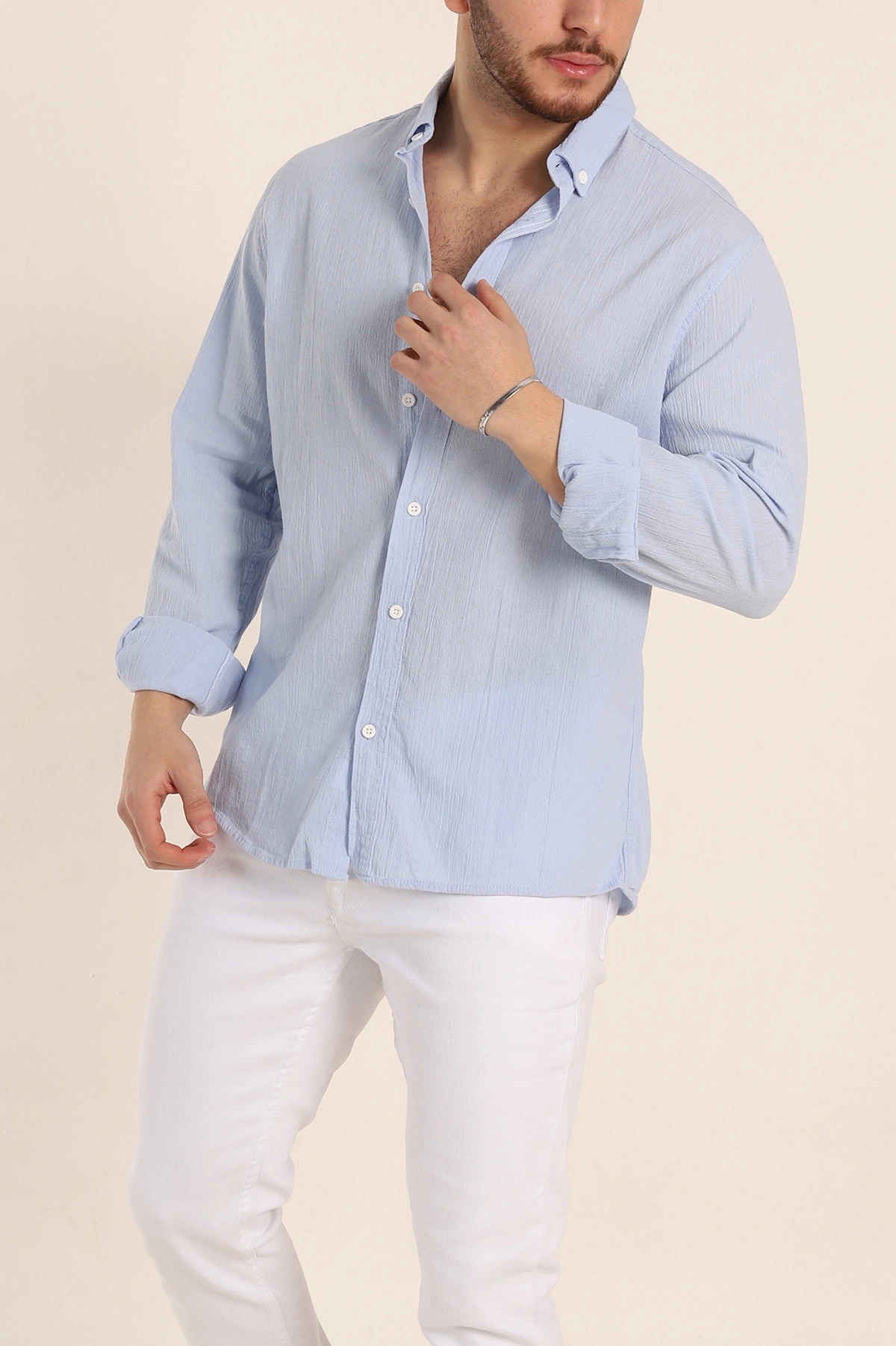 Buz Mavisi Relaxed Fit Keten Ata Yaka Erkek Gömlek 339161