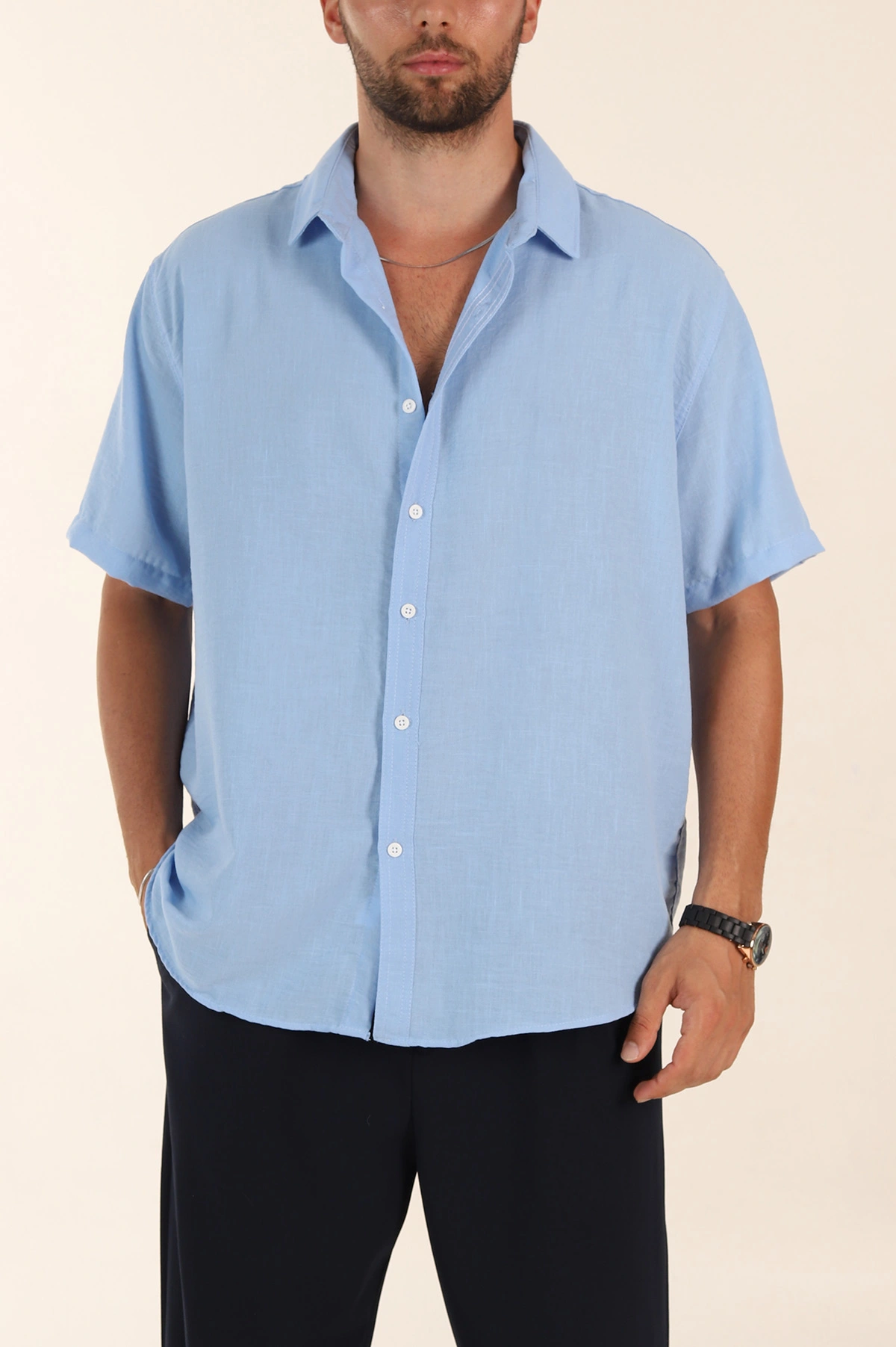 Buz Mavisi Relaxed Fit Keten Kısa Kollu Erkek Gömlek 376968