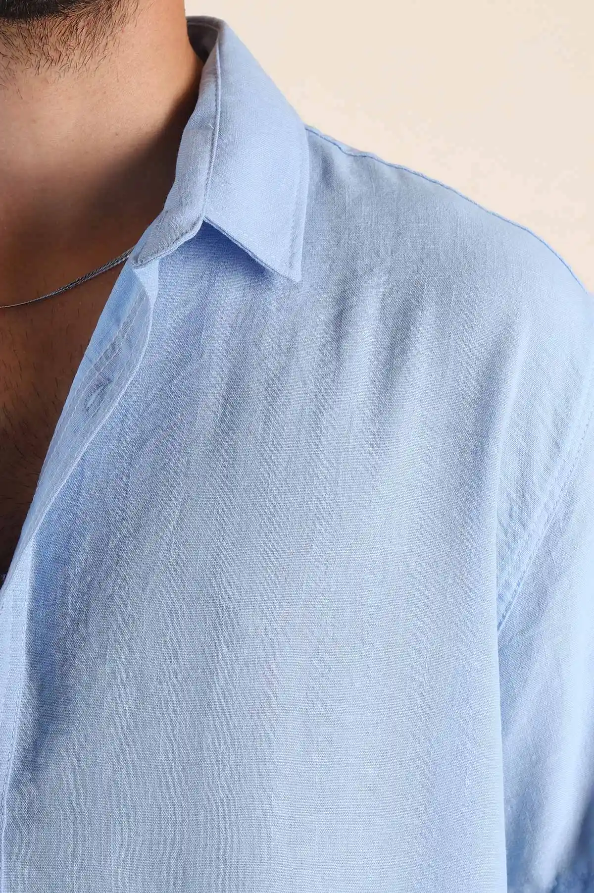 Buz Mavisi Relaxed Fit Keten Kısa Kollu Erkek Gömlek 376968